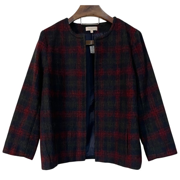 Talbots Plaid Open Front Wool Blend Blazer Jacket Red Green Holiday Preppy 18W - Picture 1 of 10